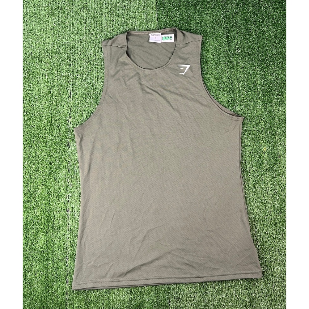 Gymshark Mens Small Olive Green Mesh Sleeveless Tank Top Logo Athletic Shirt